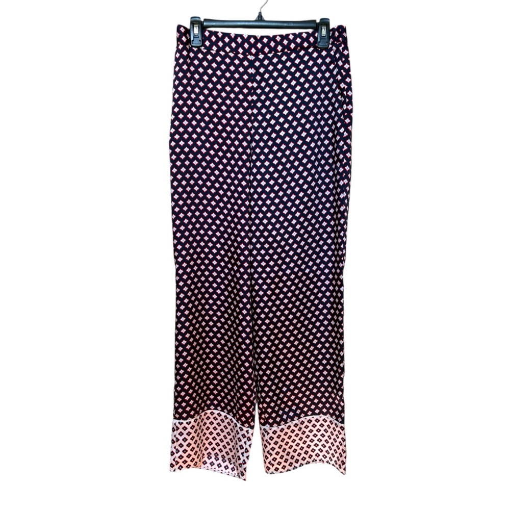 NEW Zara Satin Effect Printed Wide Leg Pants Navy Pockets Casual Flowy Boho